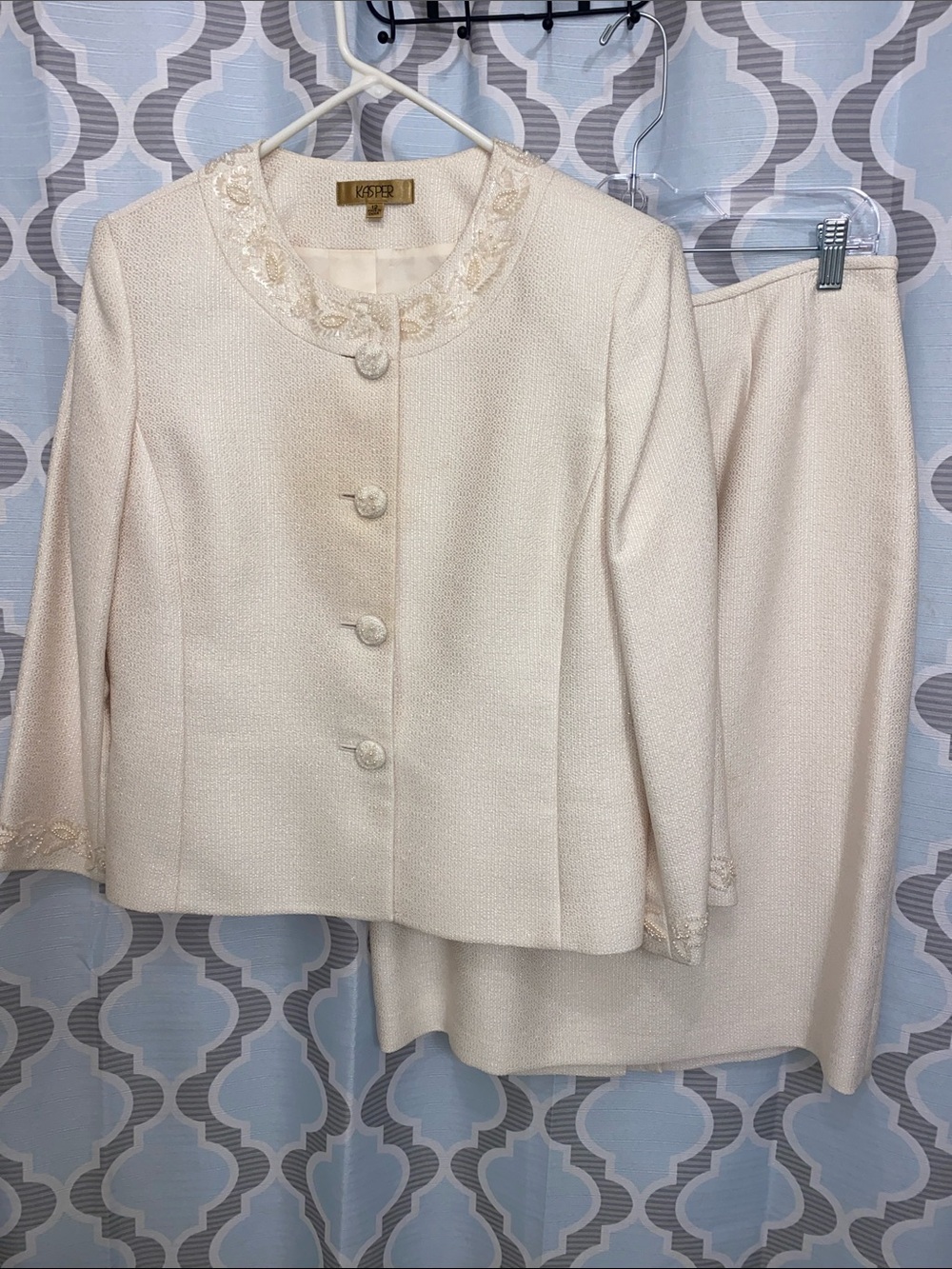 Kasper Cream Embellished Collar Jacket and Skirt Set